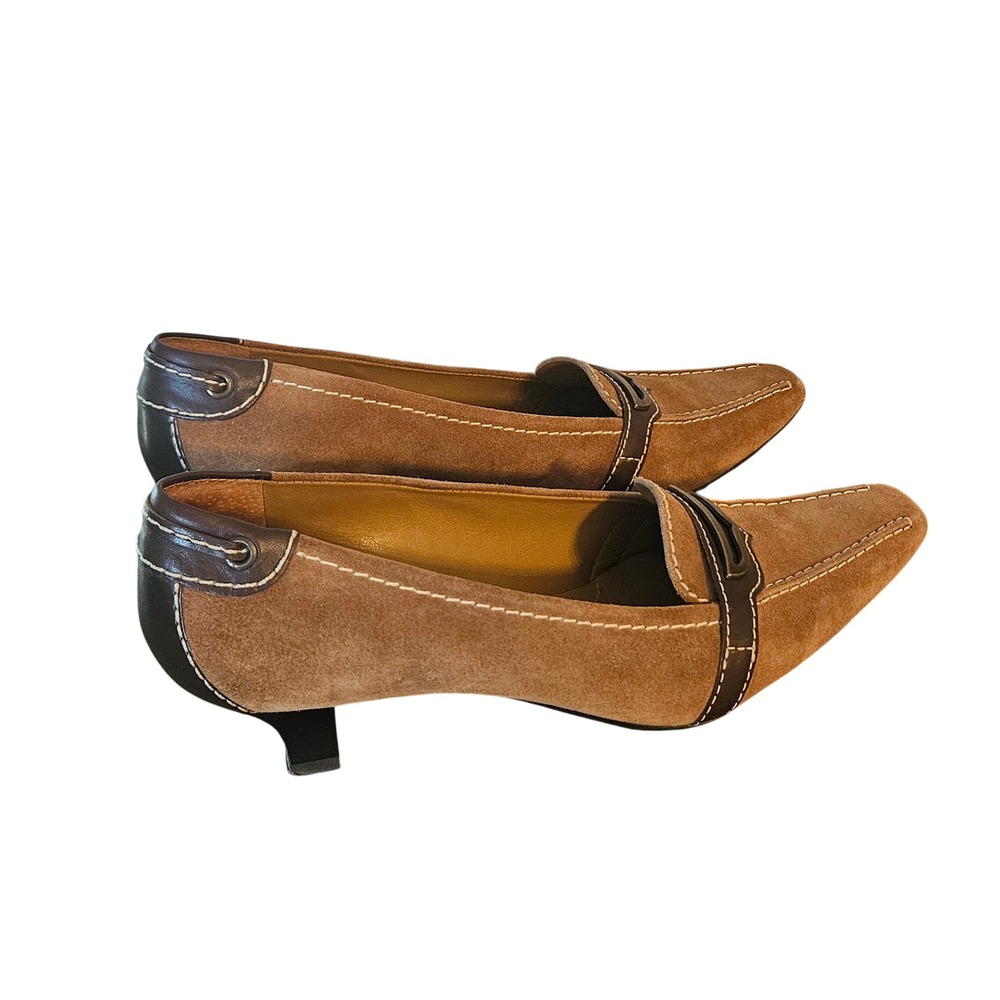Franco Sarto Womens Tan Suede Kitten Heel Loafers Brown Leather Trim Size 8.5M - Picture 6 of 8